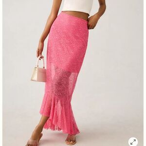 By Anthropologie Sheer Lace Mermaid Maxi Midi Skirt Women's Size 10 Barbie Pink
